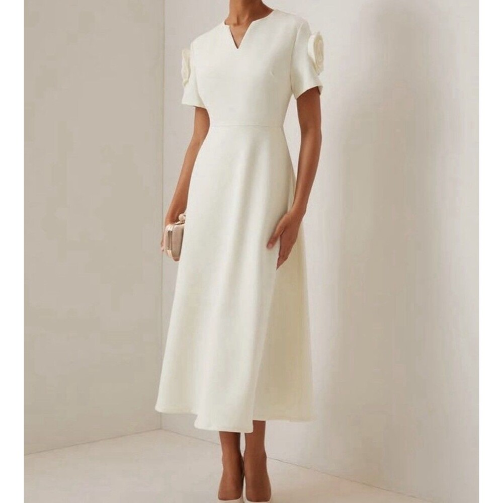 FEHAUTE 14 MIDI Dress 3D Floral Sleeve Cream NWT